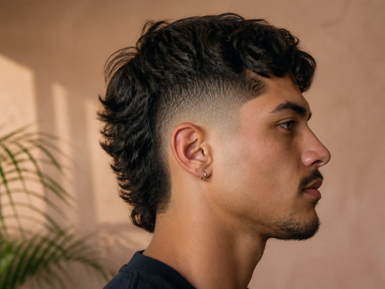 Side profile of a short fade mullet showing the cleared sides against the length at the nape