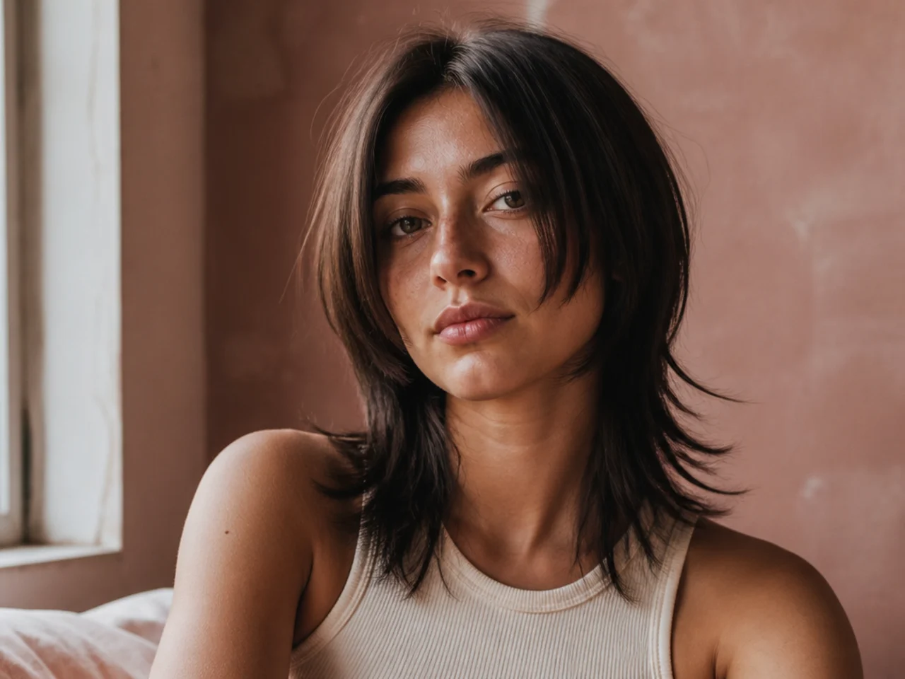 A middle part mullet with blunt cut front panels