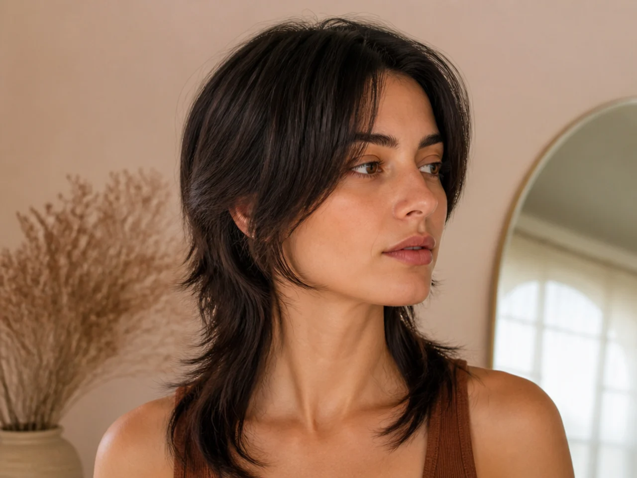 A middle part mullet with front panels ending at the cheekbone