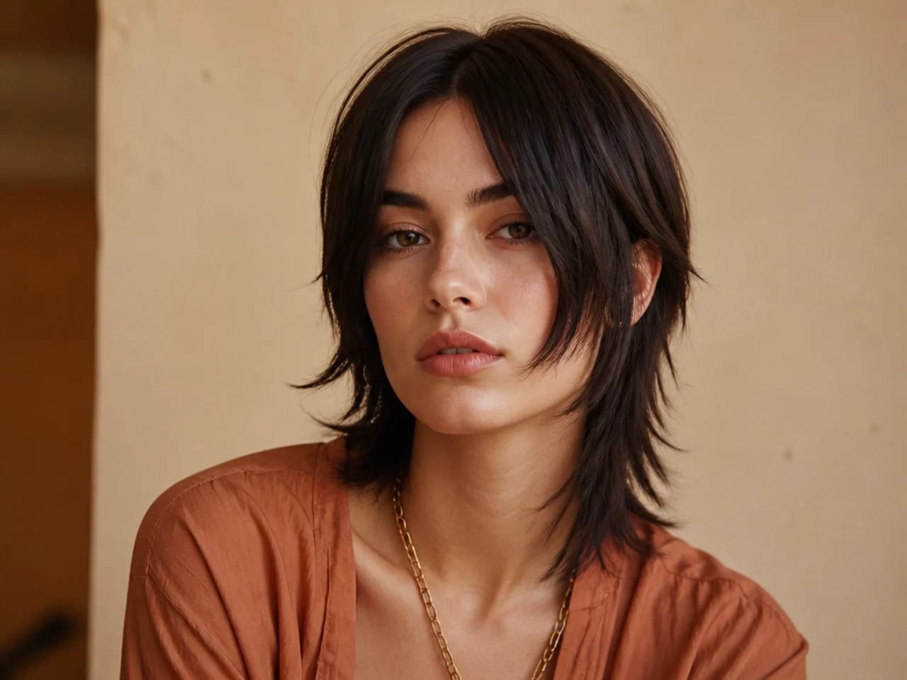 A middle part mullet with jaw length front panels