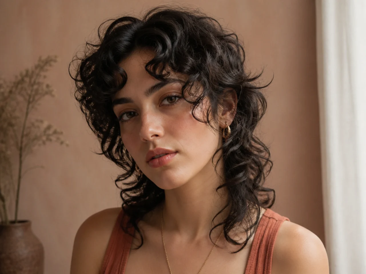 A curly mullet with a centre parting and springy front panels
