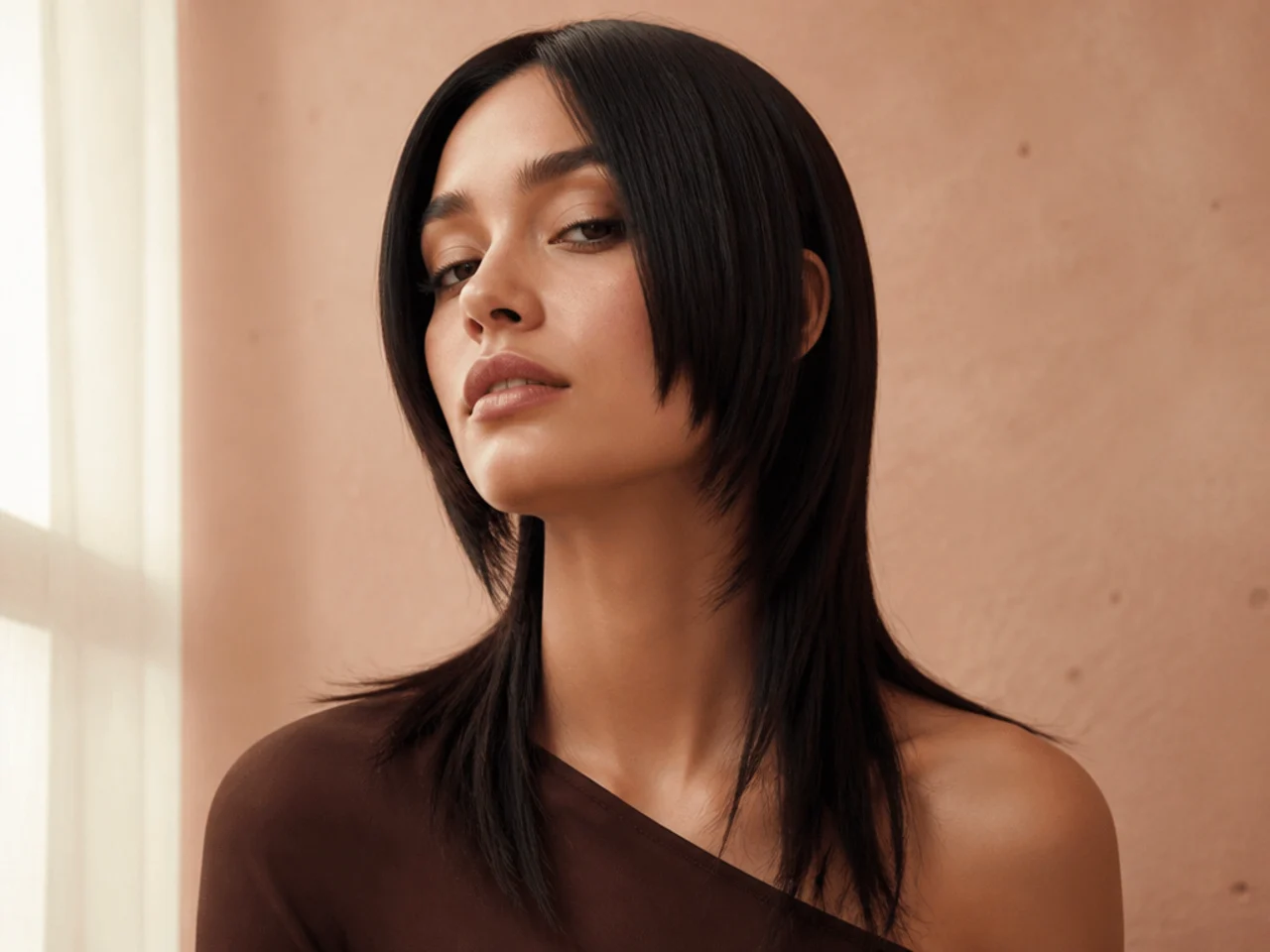 A sleek straight mullet with a sharp centre parting