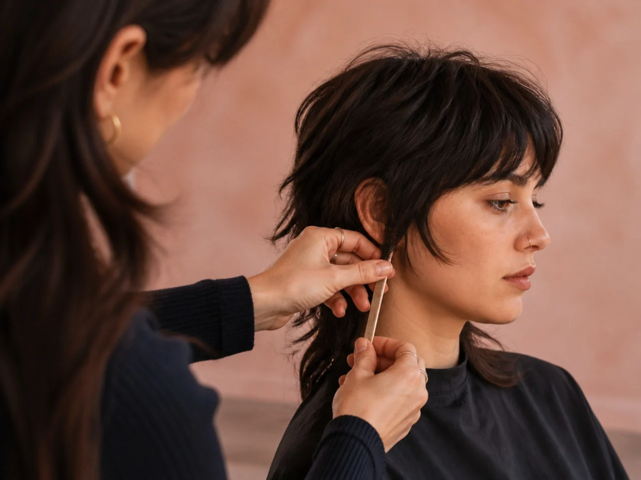 A stylist measuring the front panel of a mullet against the cheekbone
