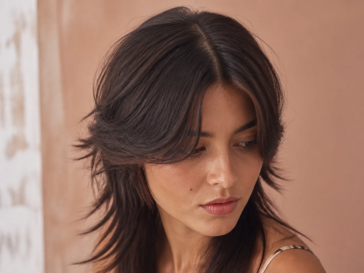 Close view of a centre parting splitting a mullet into two front panels