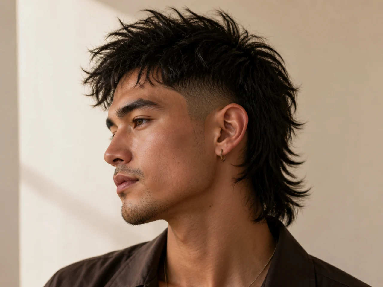 A textured mullet fade with point cut ends