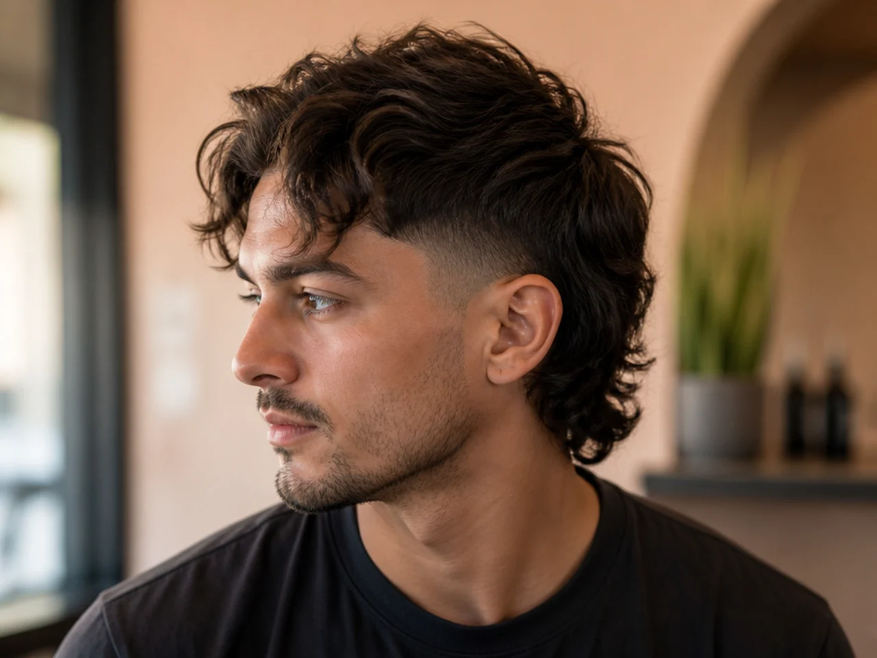 A mullet fade with a comma fringe