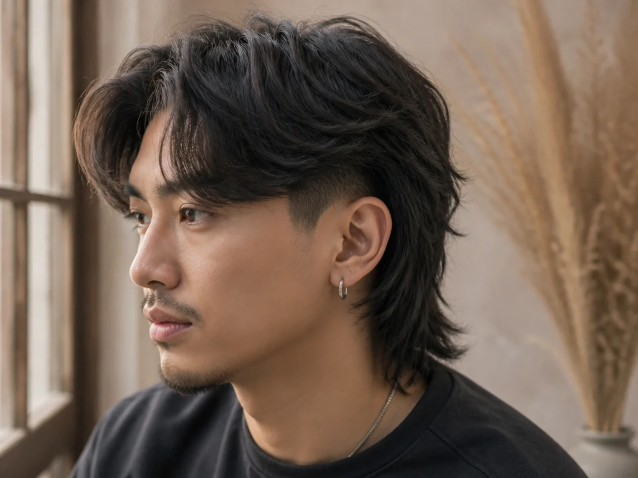 A mullet fade with curtain bangs at the front