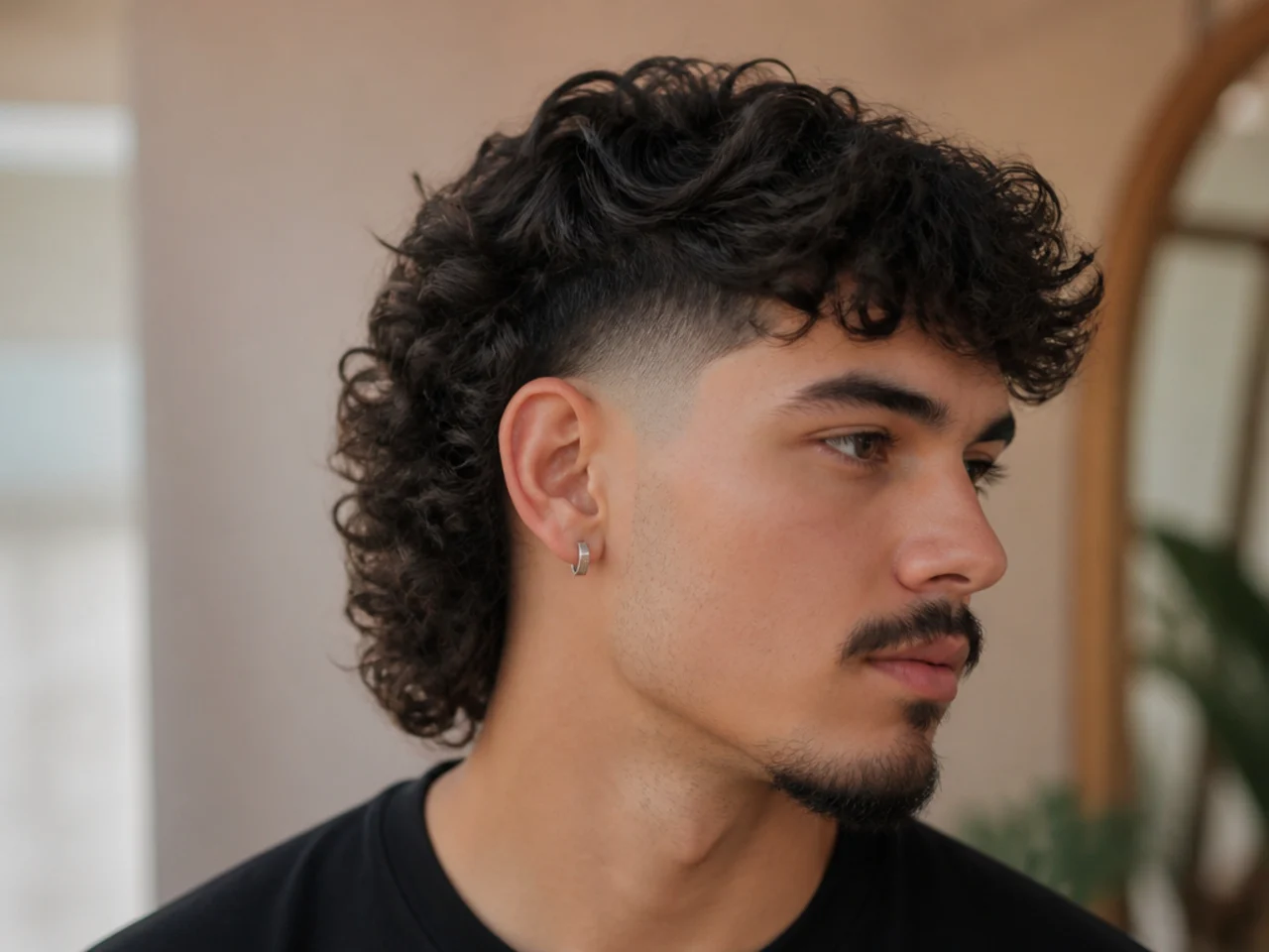 A curly mullet with a burst fade