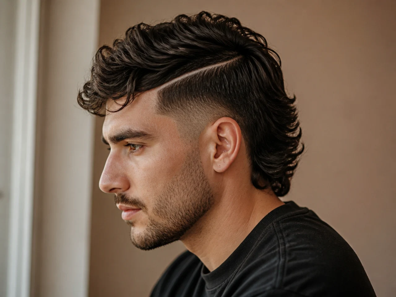 A mullet fade with a hard part cut into the side