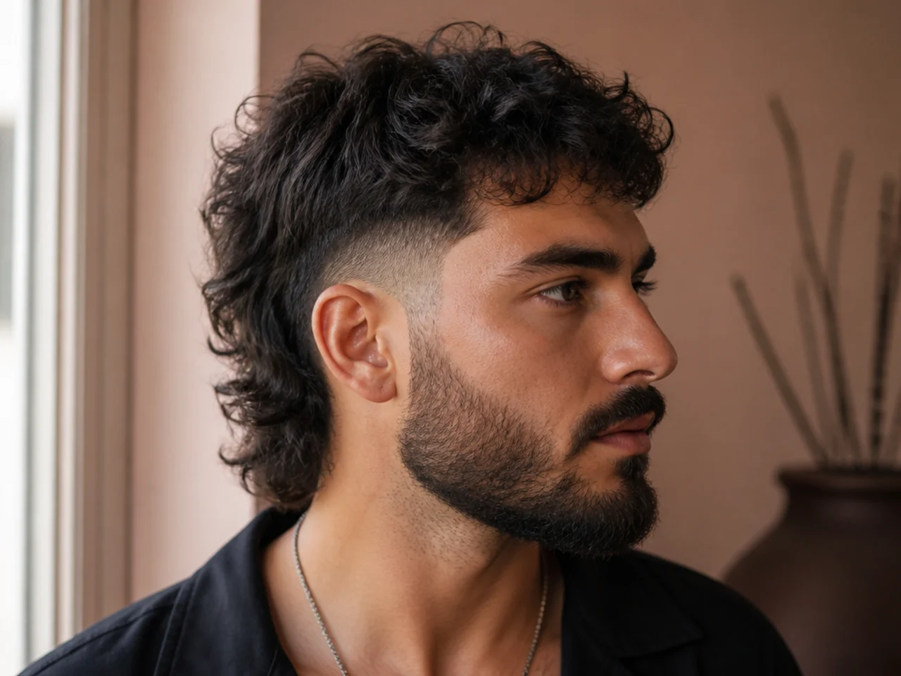 A mullet fade connected into a beard