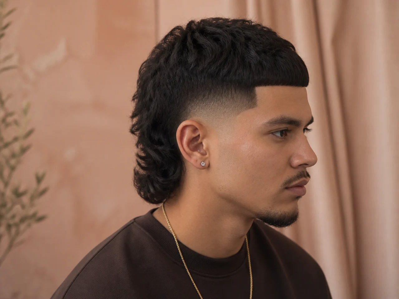 A mullet fade with a squared line up at the hairline
