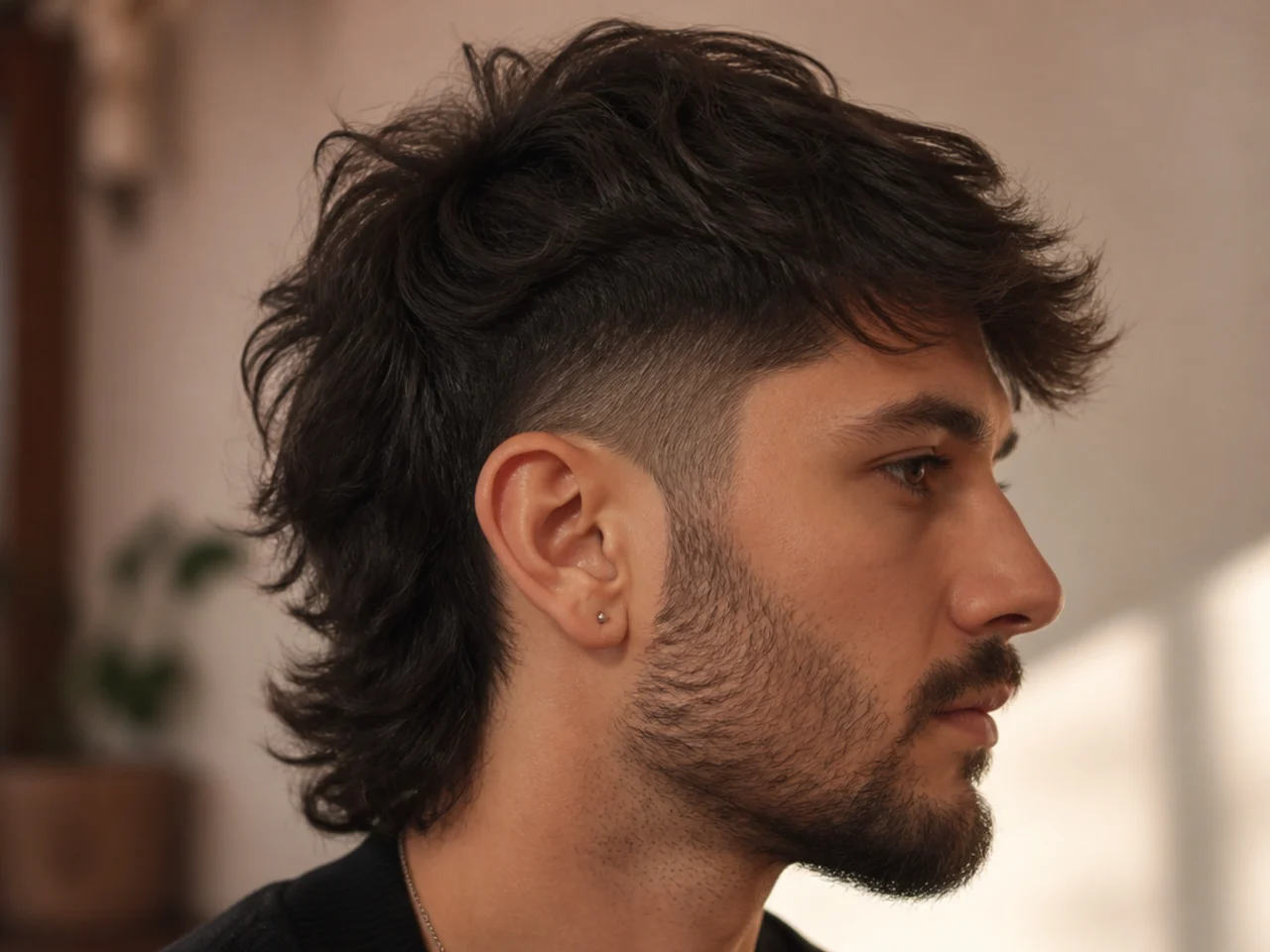 A mullet with a drop fade behind the ear