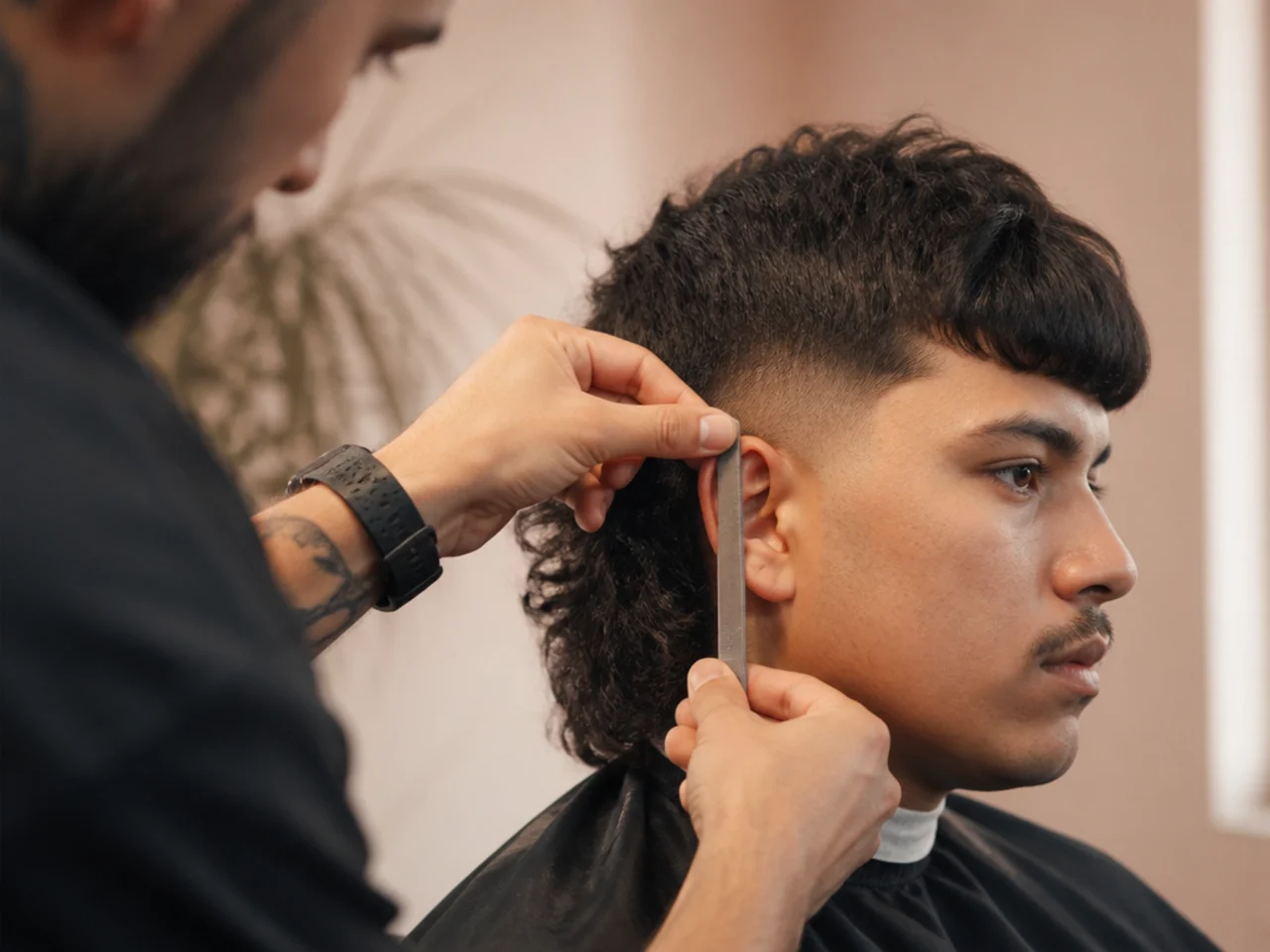 A barber measuring fade height against the ear on a mullet