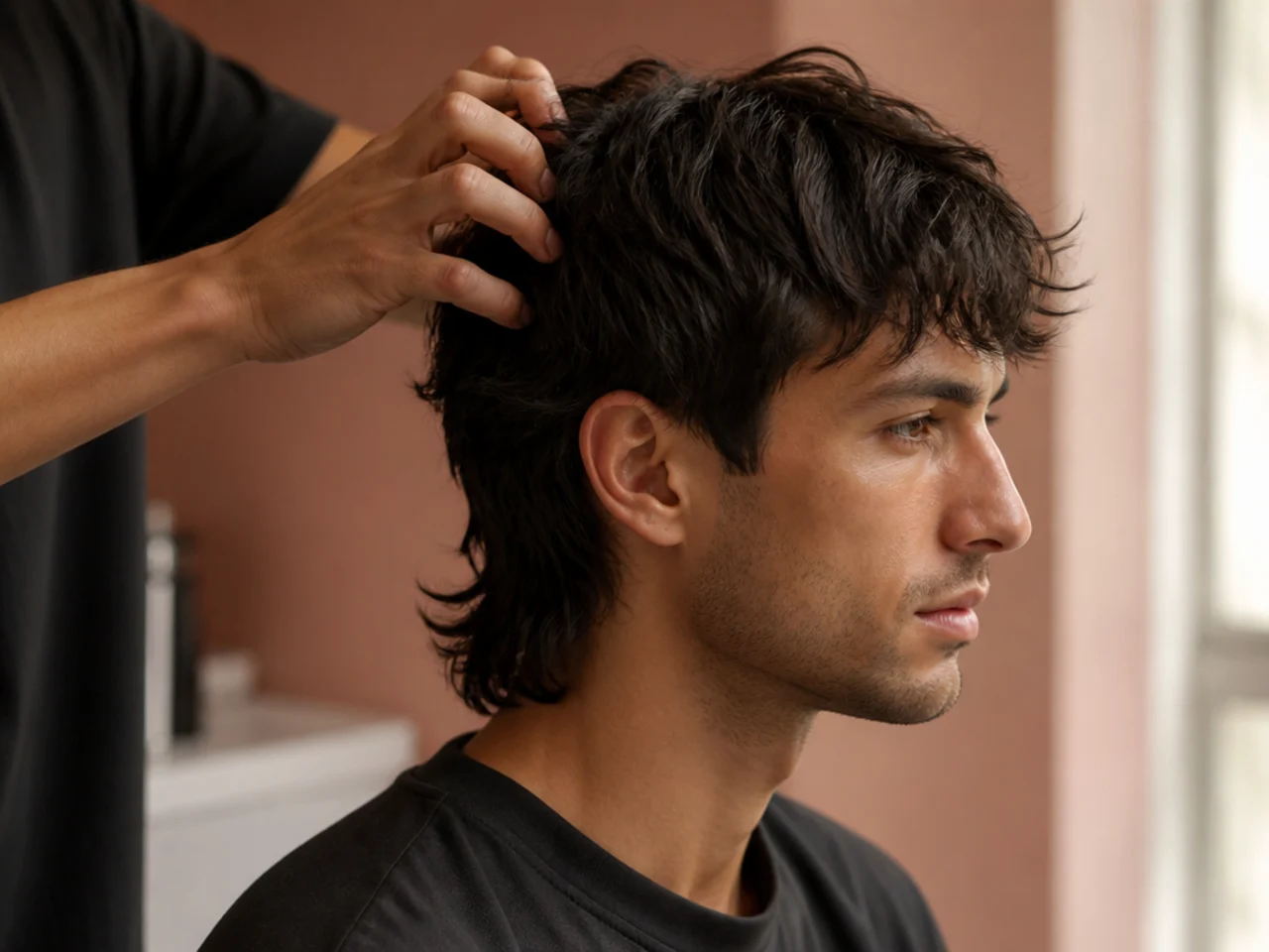 A modern mullet being styled with matt paste