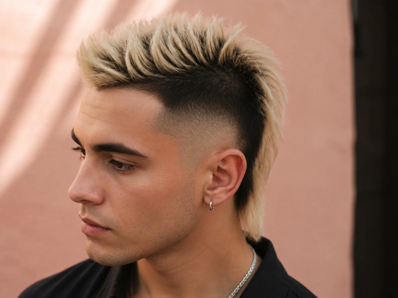 A mullet mohawk with a bleached blonde strip and dark faded sides