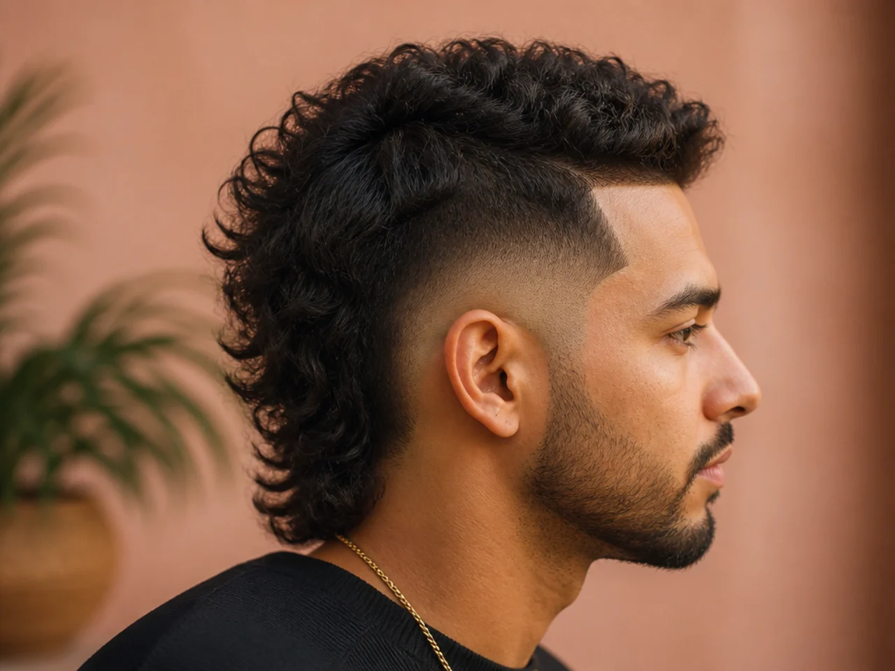 A mullet mohawk with a hard trimmer line along the edge of the strip