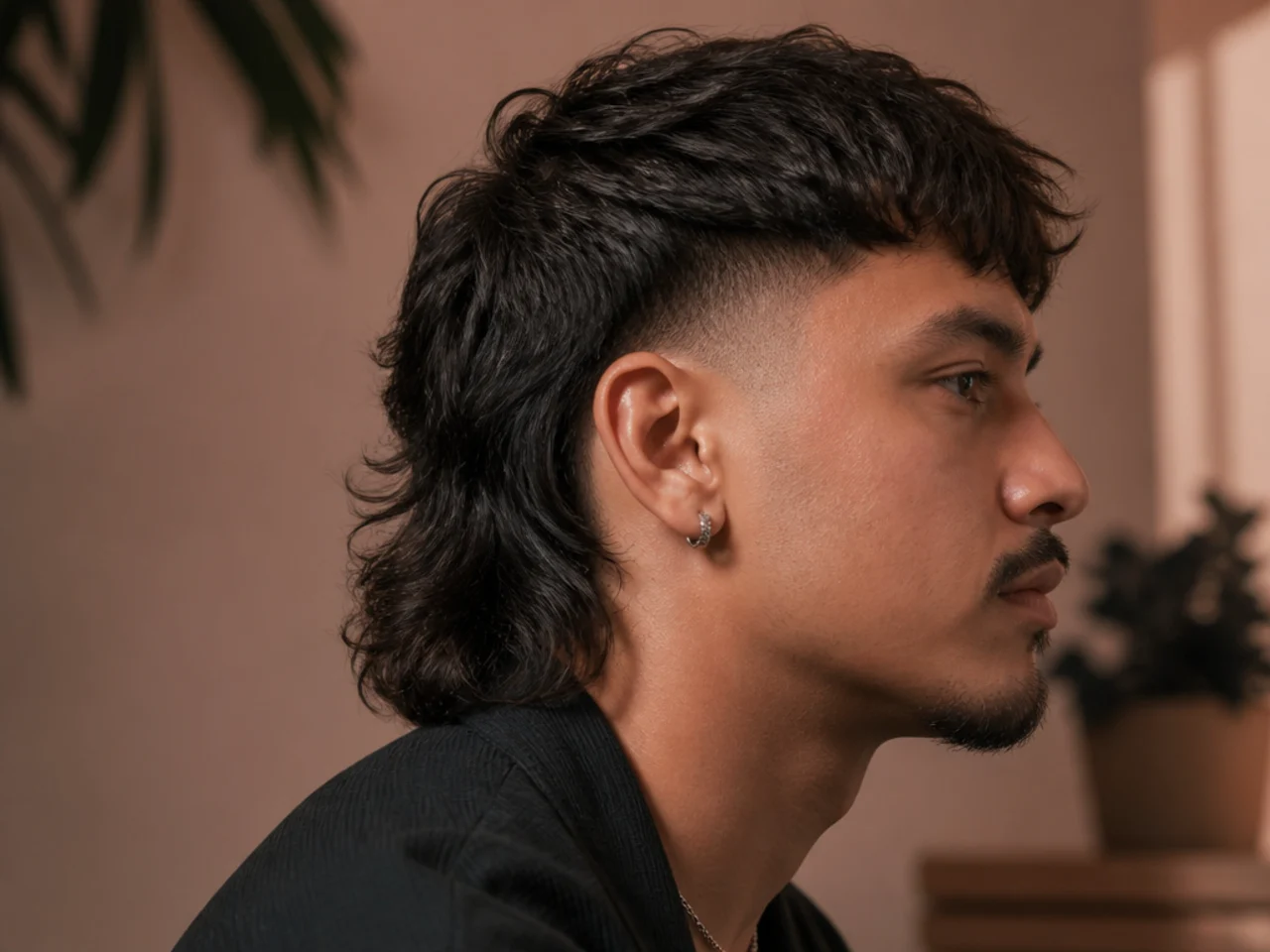 A mullet mohawk with a low fade starting at the top of the ear