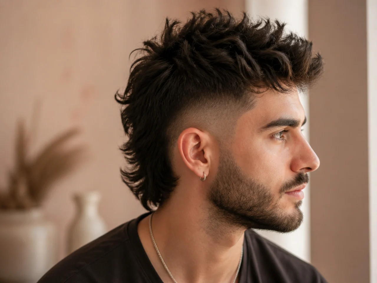 A mullet mohawk with a mid fade starting above the ear