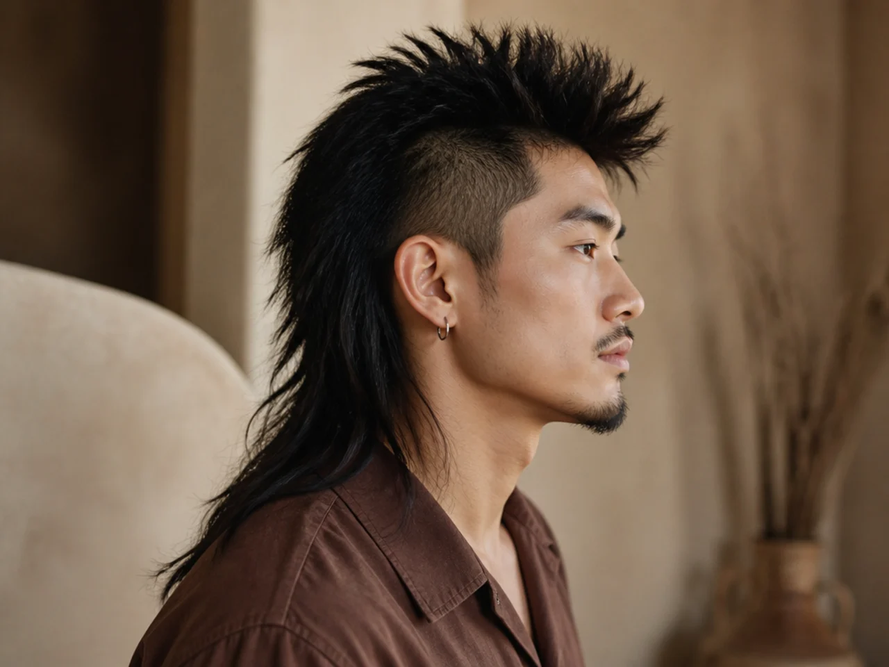 A mullet mohawk with a long tail hanging past the collar