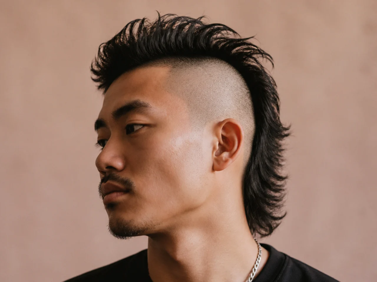 A mullet mohawk with the sides shaved to bare skin