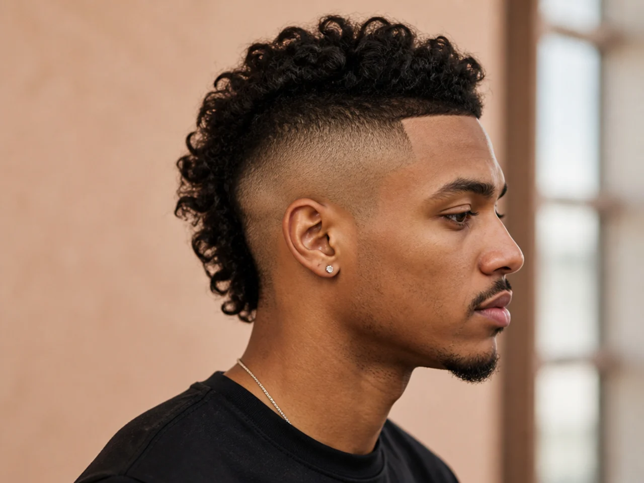 A disconnected mullet mohawk with a hard line between the strip and the sides