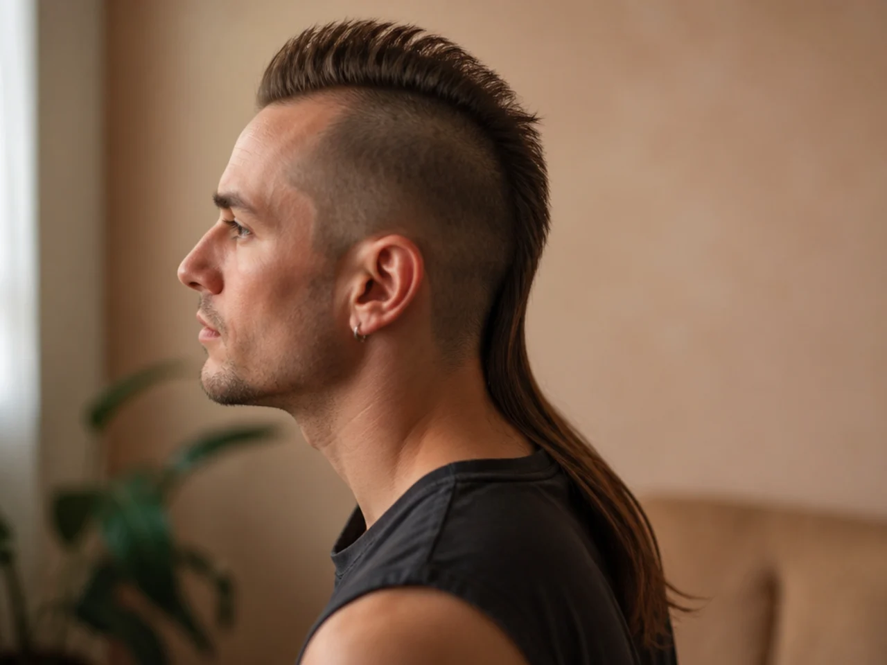 A narrow three centimetre mohawk strip standing upright with a long tail