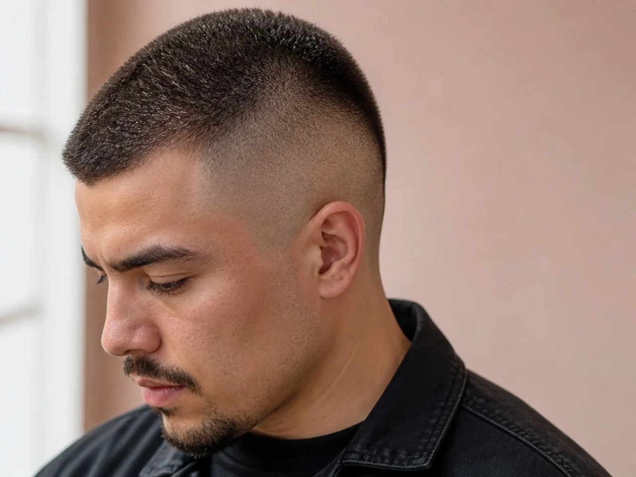 A wide mohawk strip lying flat with short faded sides