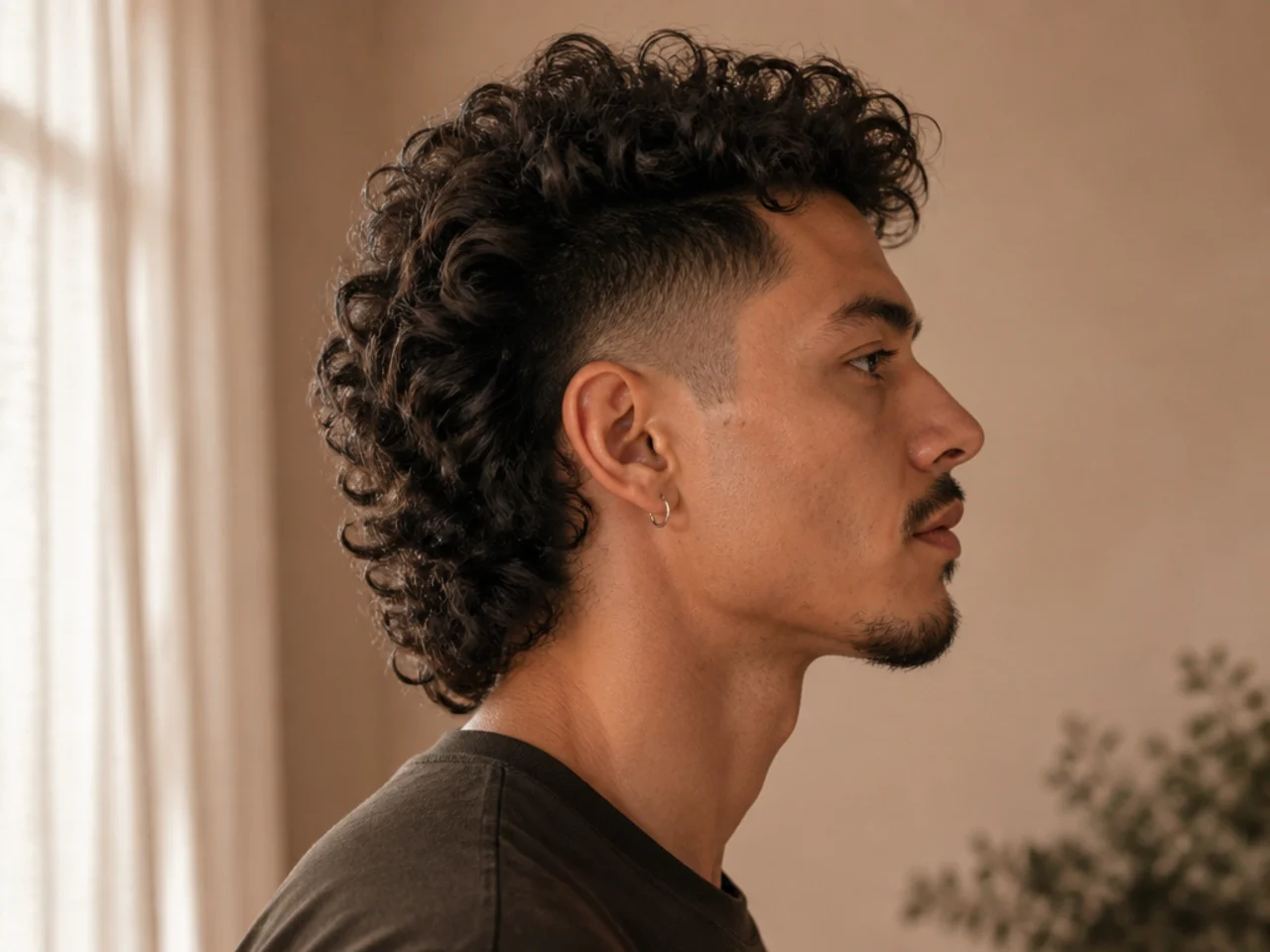 A curly mullet mohawk with natural height through the strip