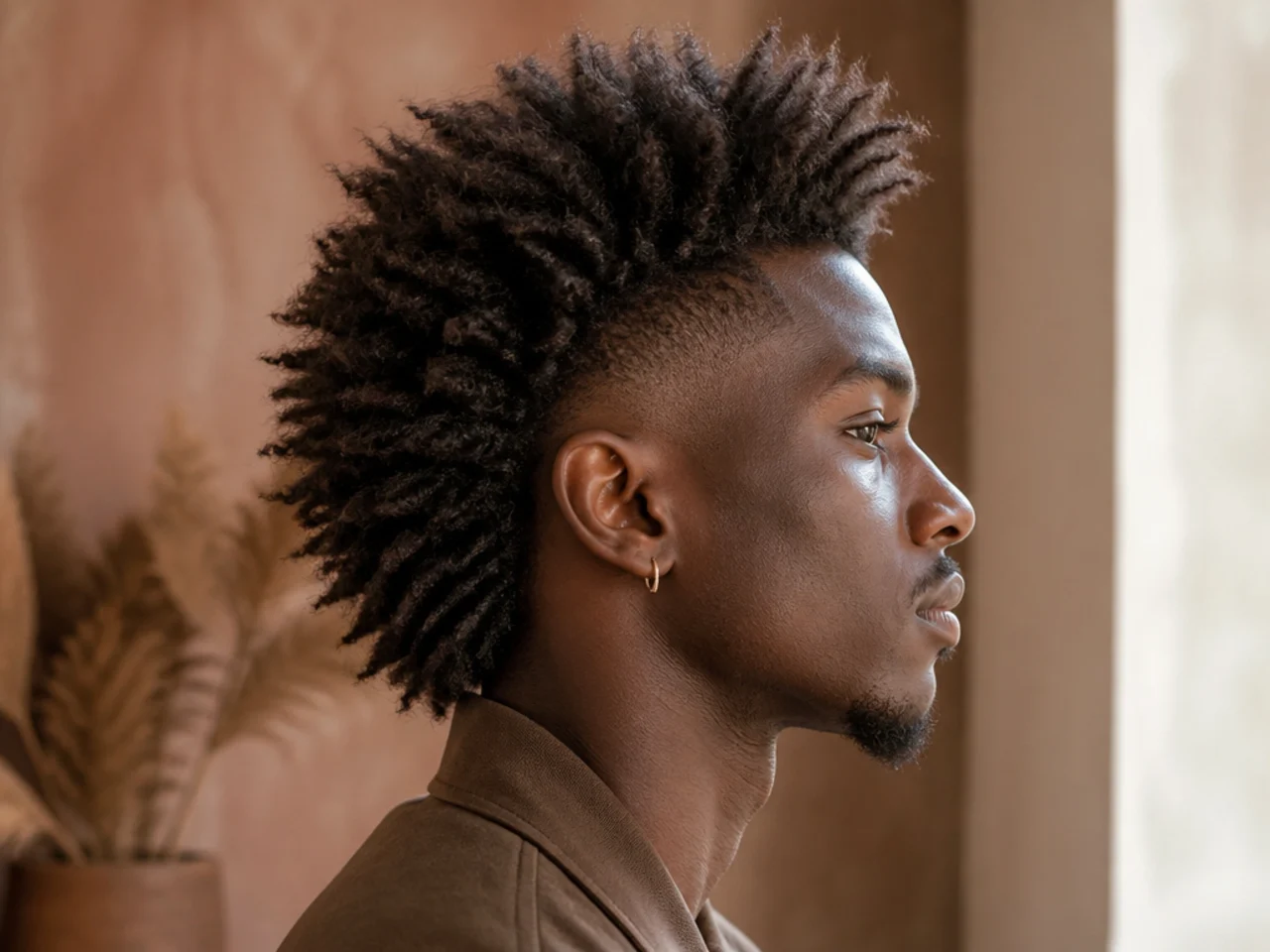 A coily mullet mohawk with the strip standing outward from the head