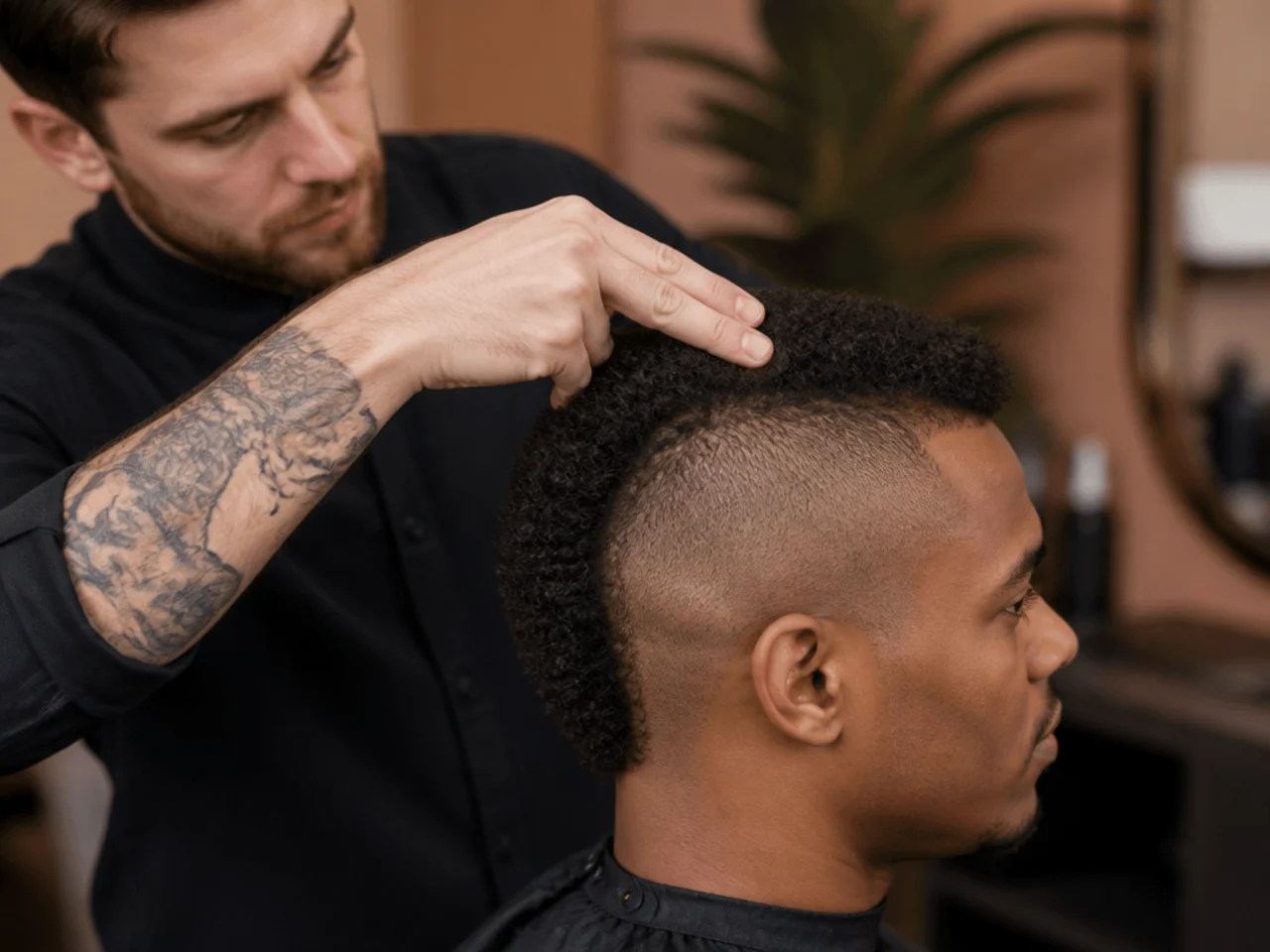 A barber measuring the width of a mohawk strip with three fingers