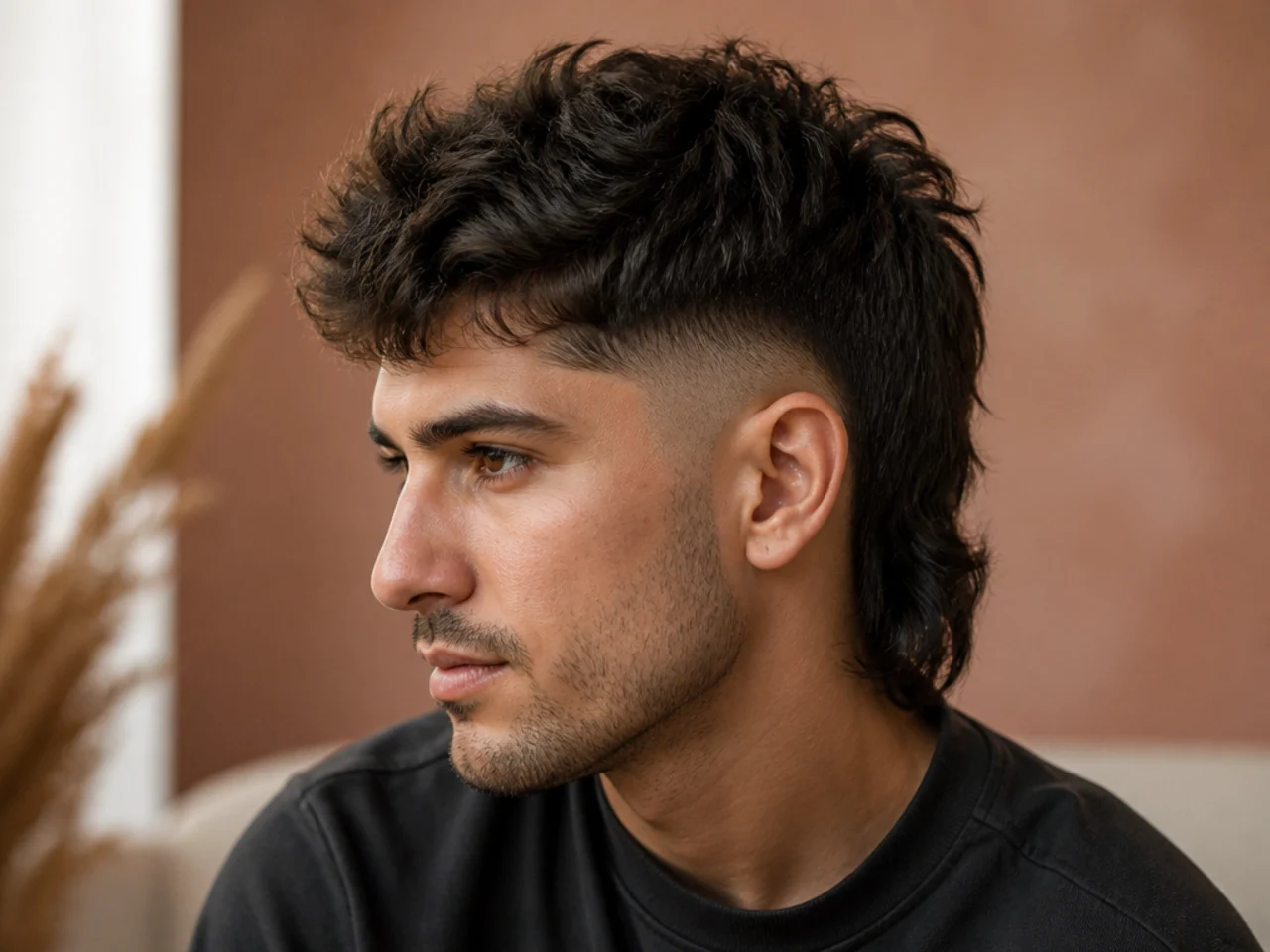 Three quarter view of a mullet mohawk with a burst fade