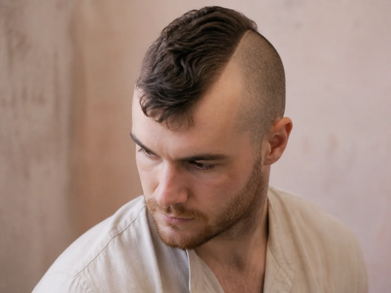 A narrow mohawk strip on fine hair falling over to one side