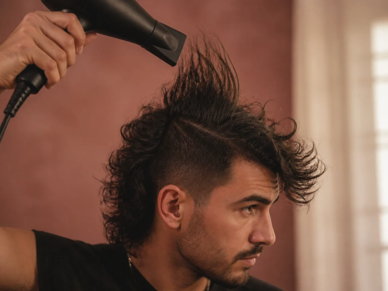 The strip of a mullet mohawk being dried upward from the root