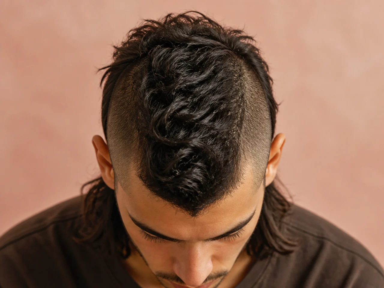 Overhead view of a mullet mohawk showing the strip width across the top of the head