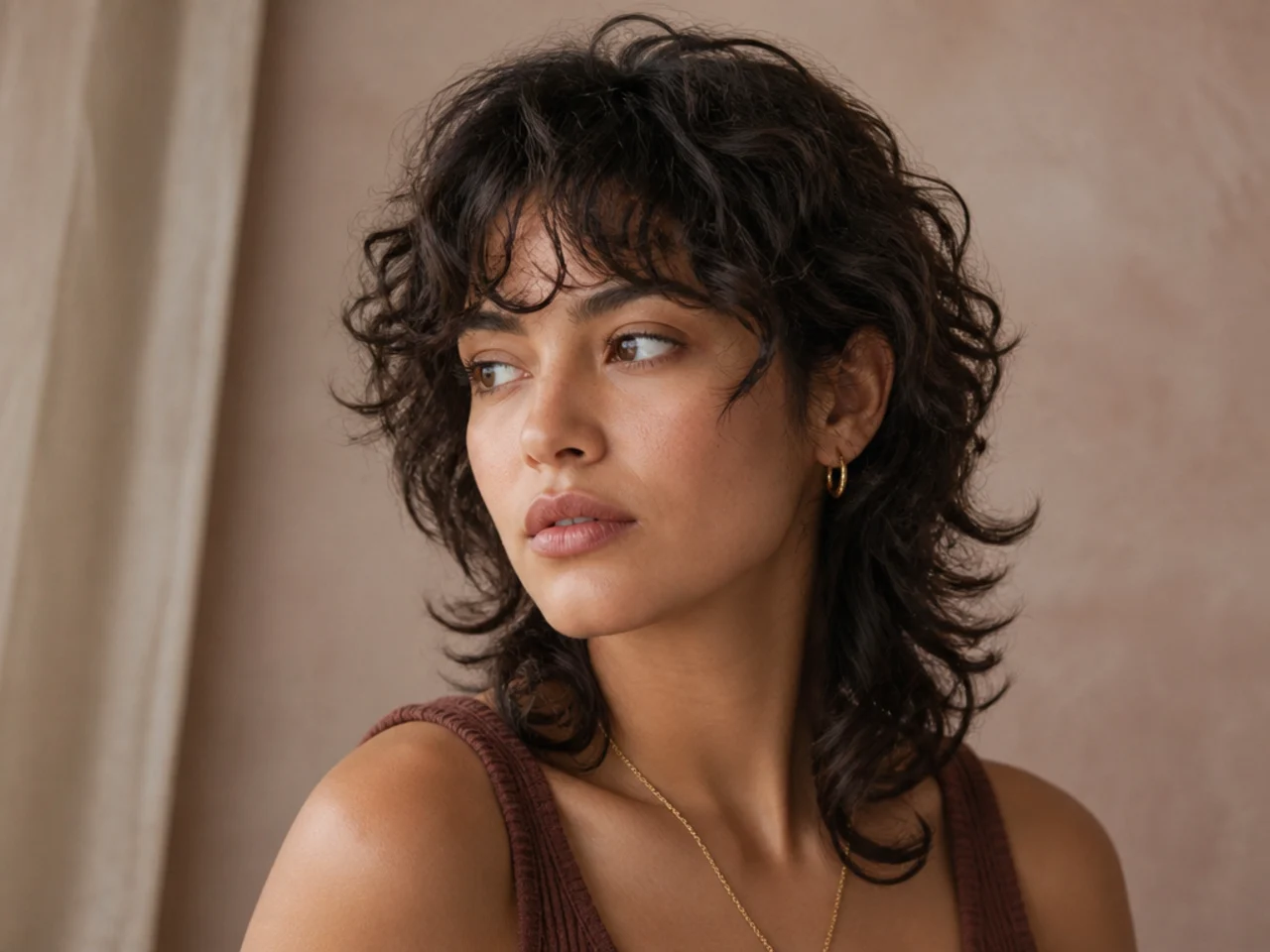A curly mullet shag cut dry