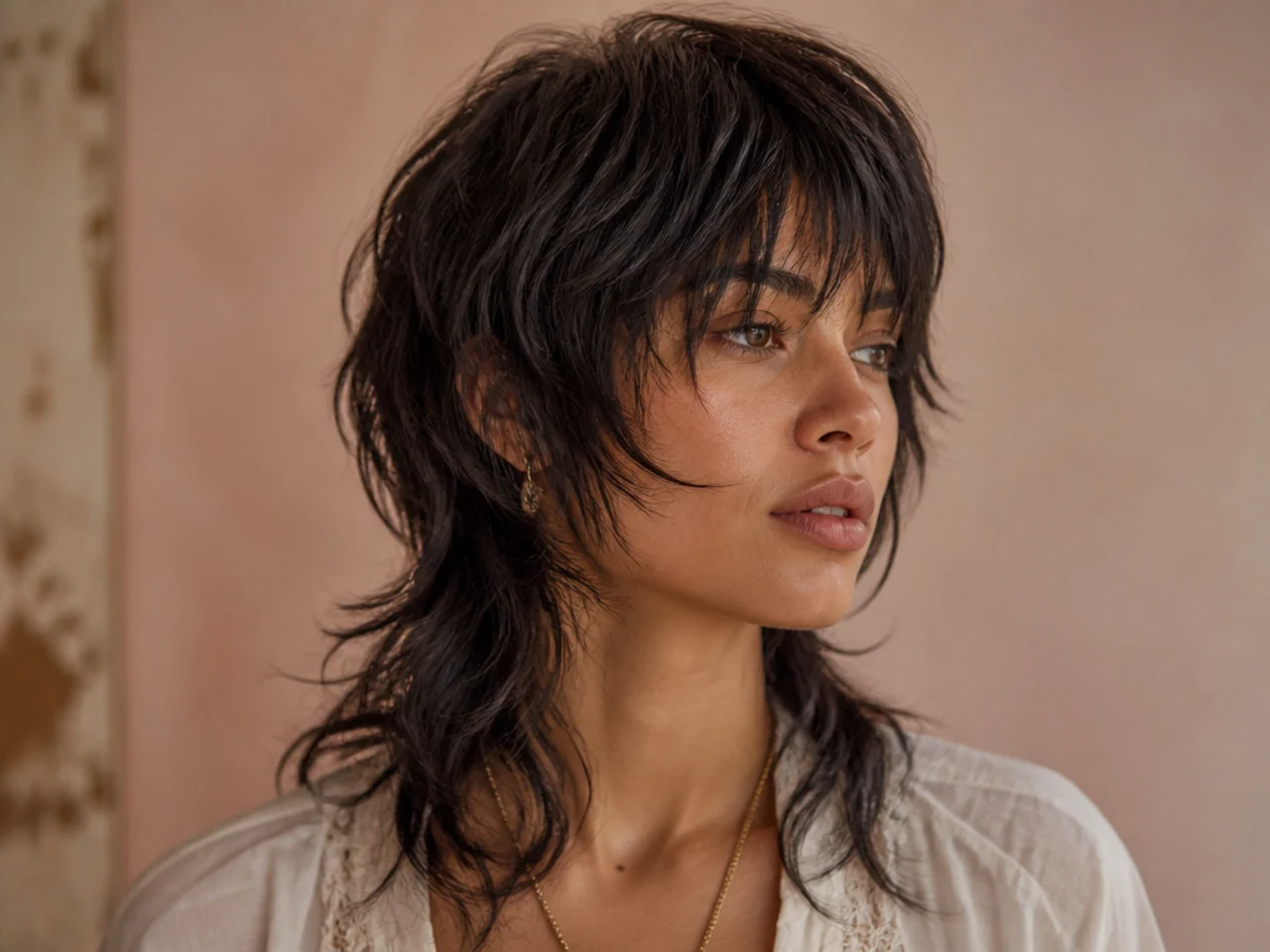 A wavy mullet shag with natural separation