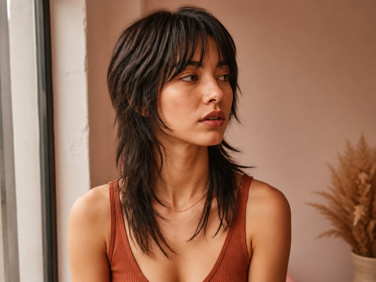 A straight haired mullet shag with slide cut layers