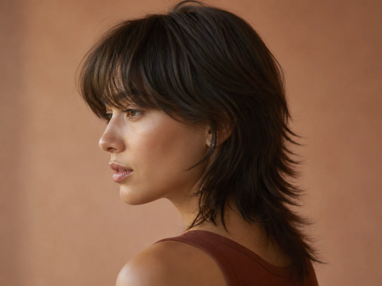 A mullet shag on fine hair with a solid tail edge