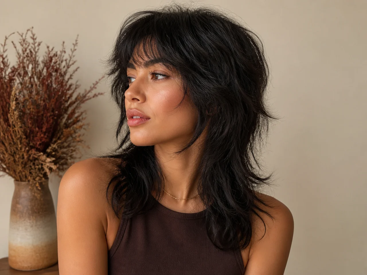 A mullet shag on thick hair with internal weight removed