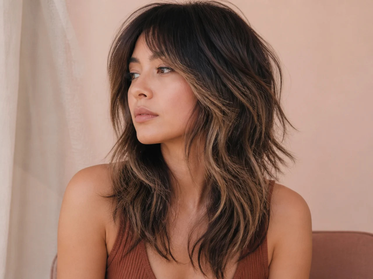 A balayage mullet shag with painted lighter pieces