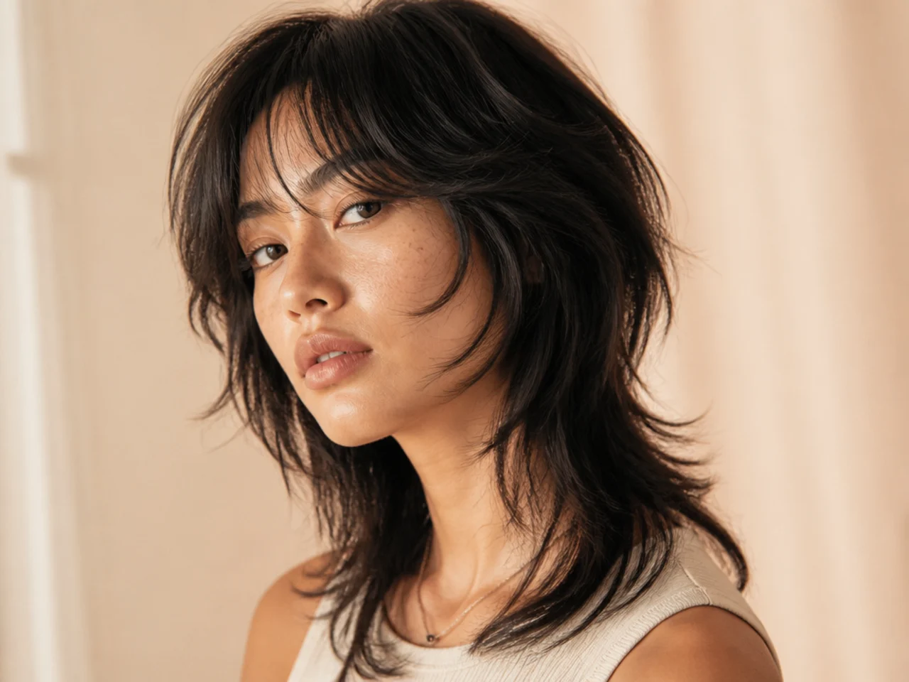 Face framing layers on a mullet shag