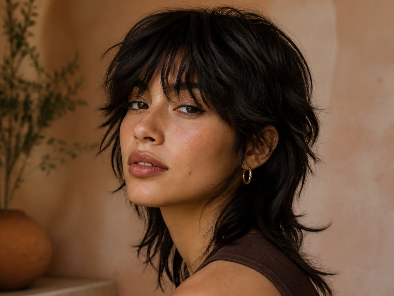 Three quarter view of a mullet shag haircut