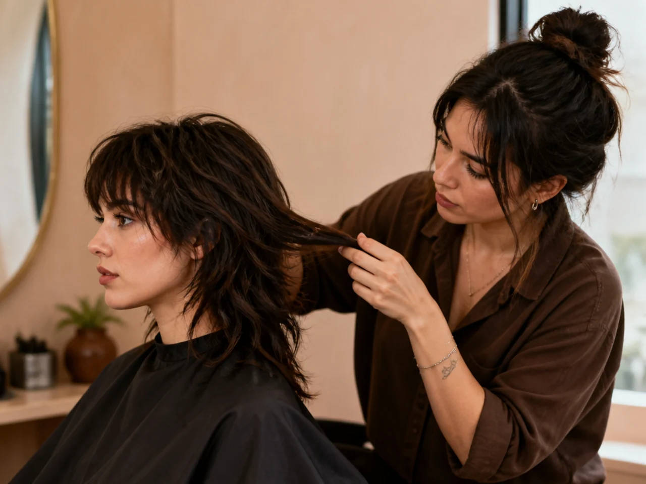 A stylist checking layer angles before cutting a mullet shag