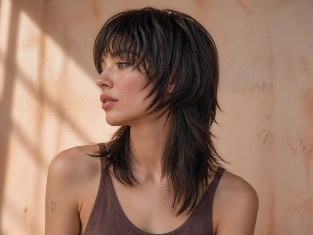 A mullet shag cut with one hard shelf instead of a gradient