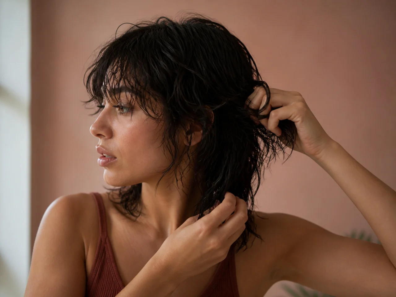 Texture spray being scrunched into a damp mullet shag