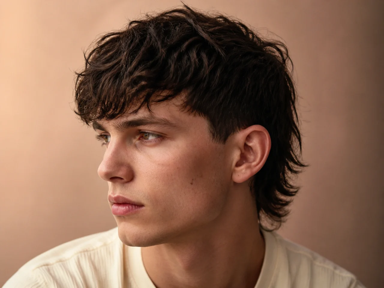 A short mullet worn with the top pushed forward into a fringe
