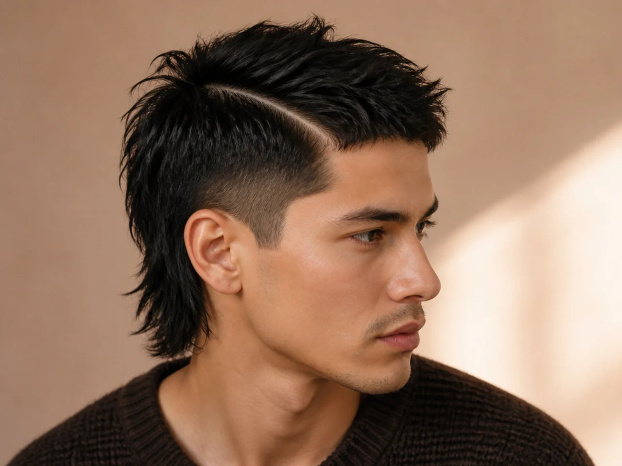A short mullet with a hard part line cut along the parting