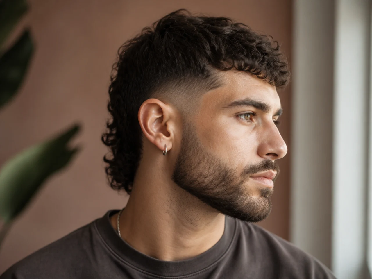 A short mullet fade running down into a faded beard