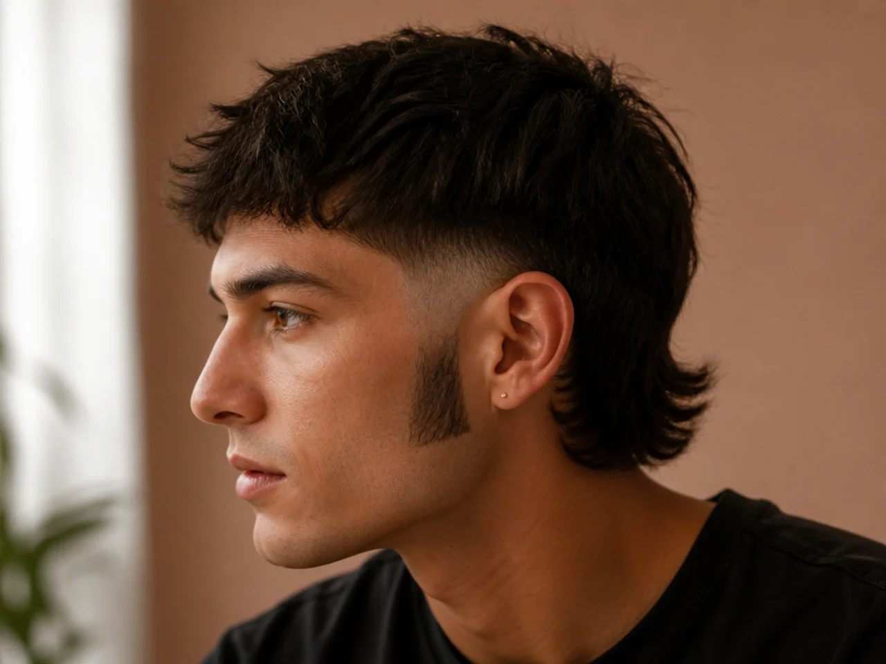 A short mullet fade with long sideburns left below the fade line