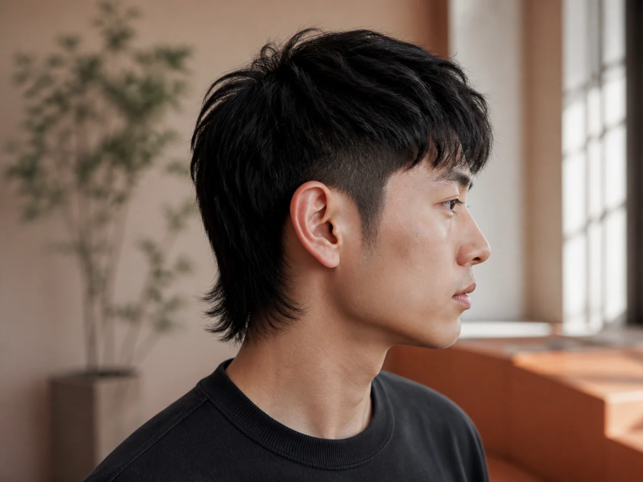 A short mullet fade on fine straight hair with the sides left at a longer guard